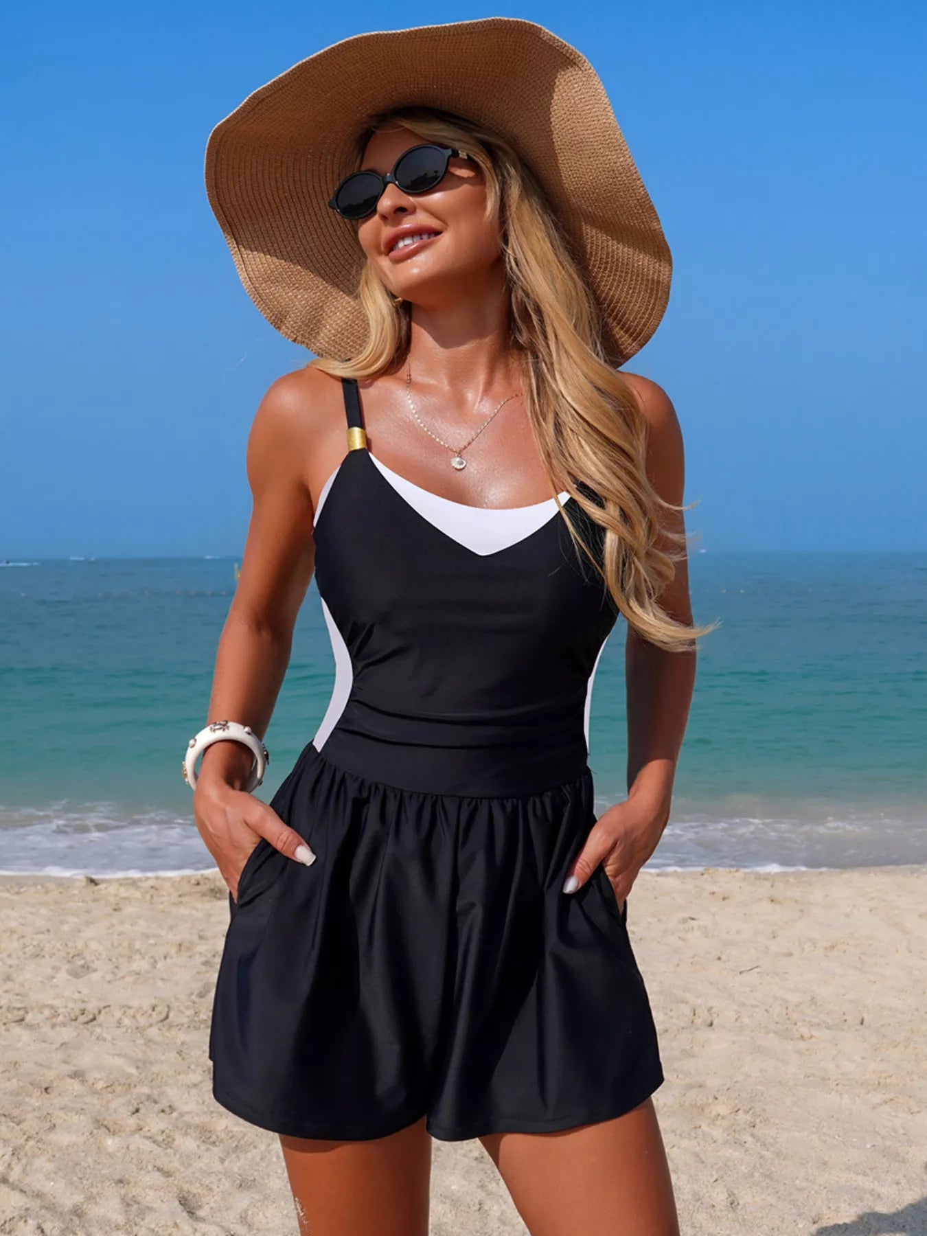 Women's Color Block One-Piece Swimsuit – Adjustable Strap, Pockets, 6 Colors One-Pieces-Swimwear