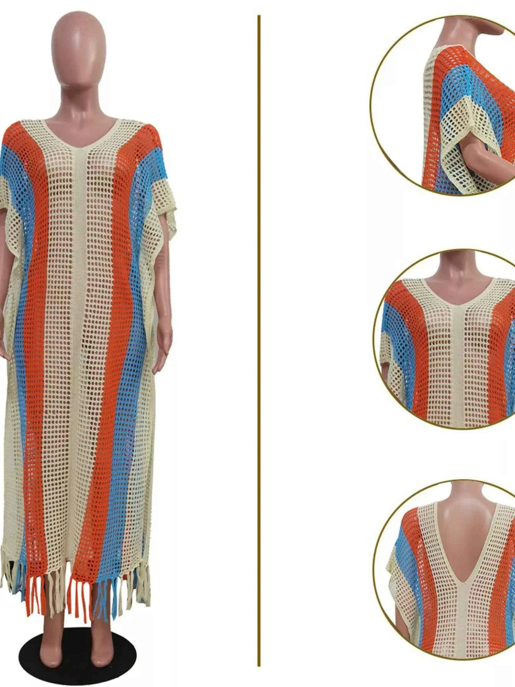 Women's Striped Crochet Fringe Split Openwork Maxi Cover-Up Dress Sherbet S-2XL