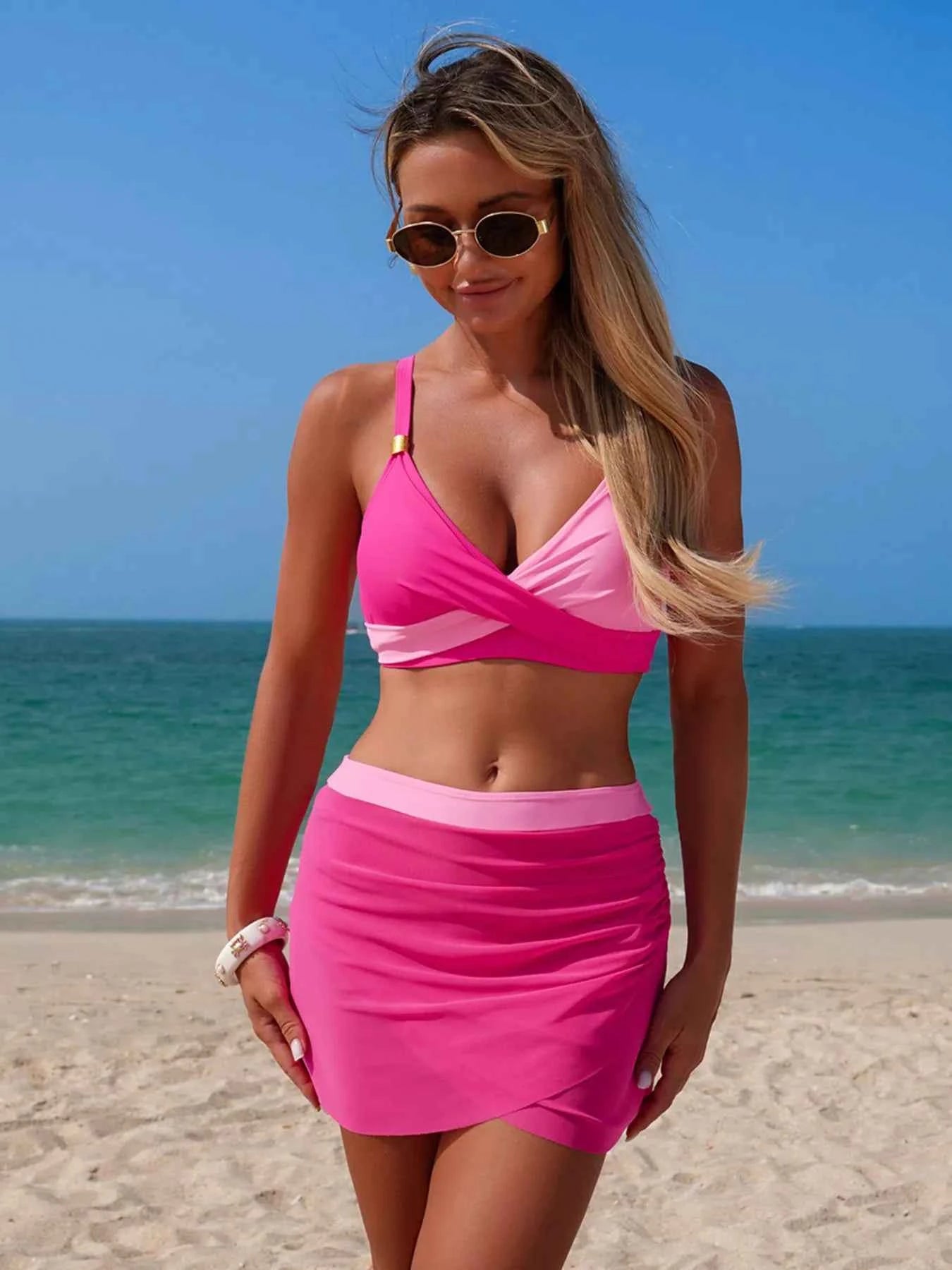 Women's Two-Tone Cami Skort Swim Set Removable Padding Multi Colors S-2XL