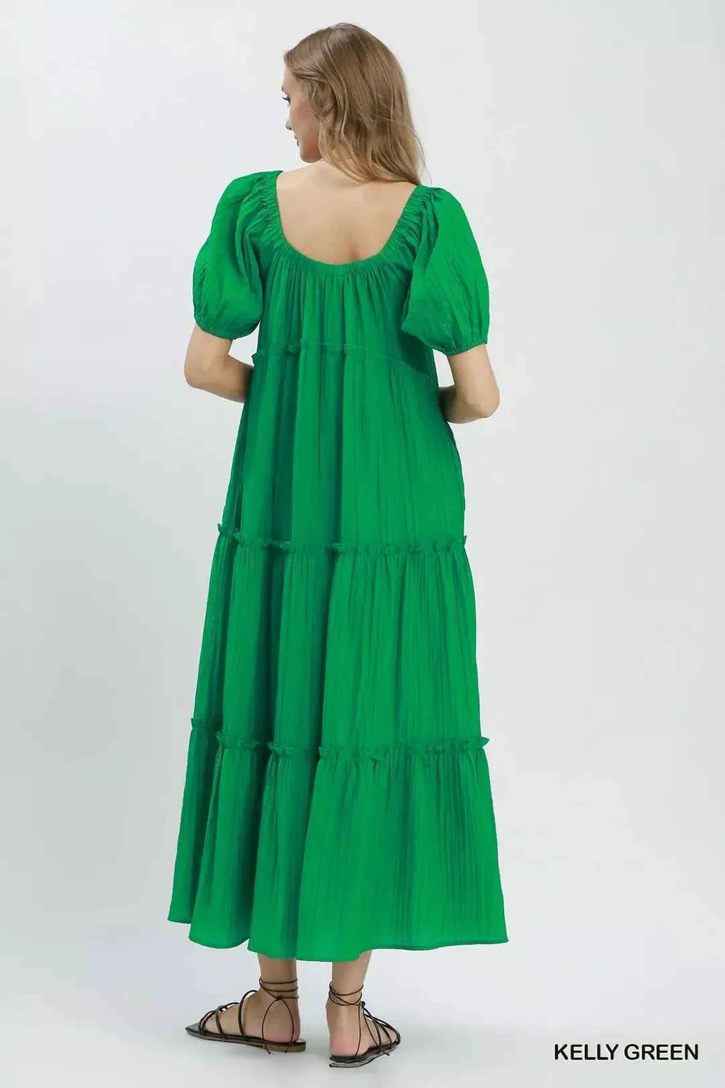 Women's Umgee Textured Tiered Midi Dress Puff Sleeve Square Neck Kelly Green S-L