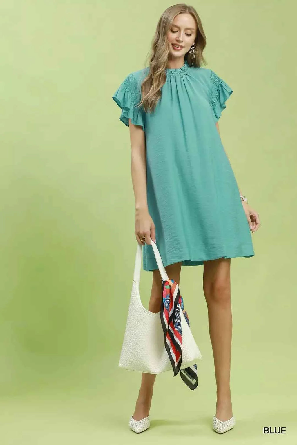 Umgee Women's Smocked Ruffle Flutter Sleeve A-Line Dress Pockets Mint S-L