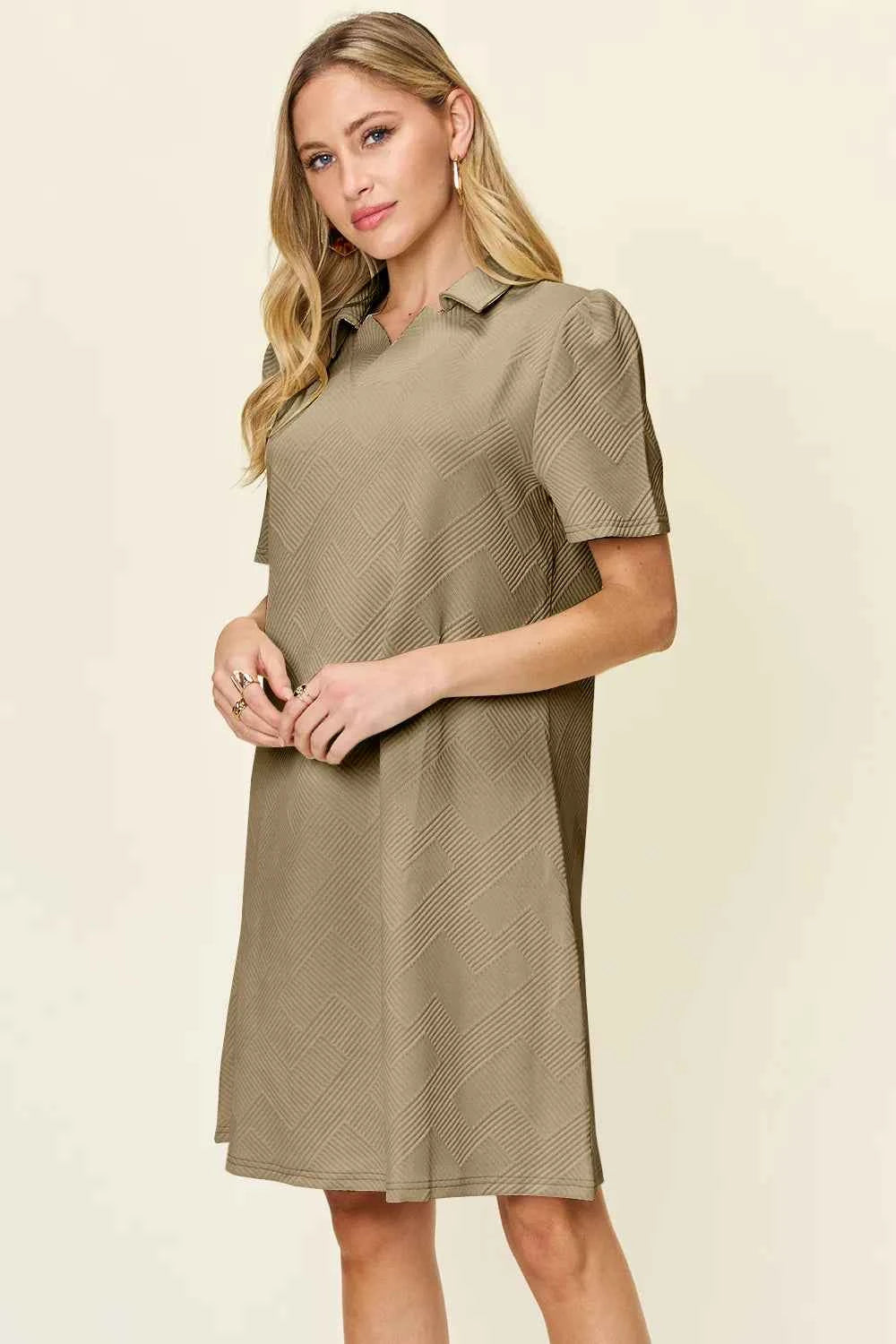 Women's Double Take Texture Collared Neck Short Sleeve Dress Multi Colors S-3XL
