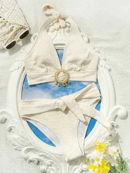 Women's White Shell Embellished Split Bikini Swimsuit Quick-Dry Beach S-XL