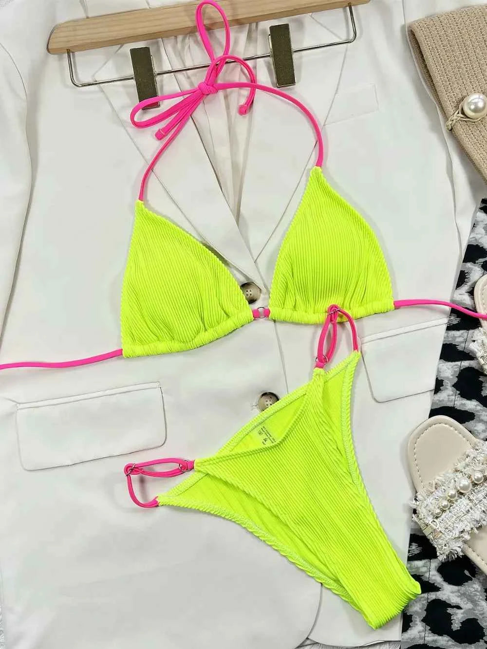 Women's Ribbed Tie Back High Cut Two-Piece Bikini Swimsuit Multi Colors S-L
