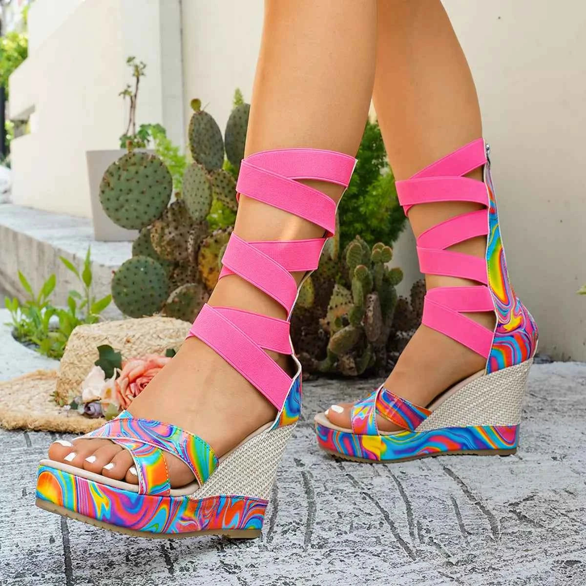 Women's Open Toe Wedge High Heel Sandals Multi Color Leopard Print EU 36-42