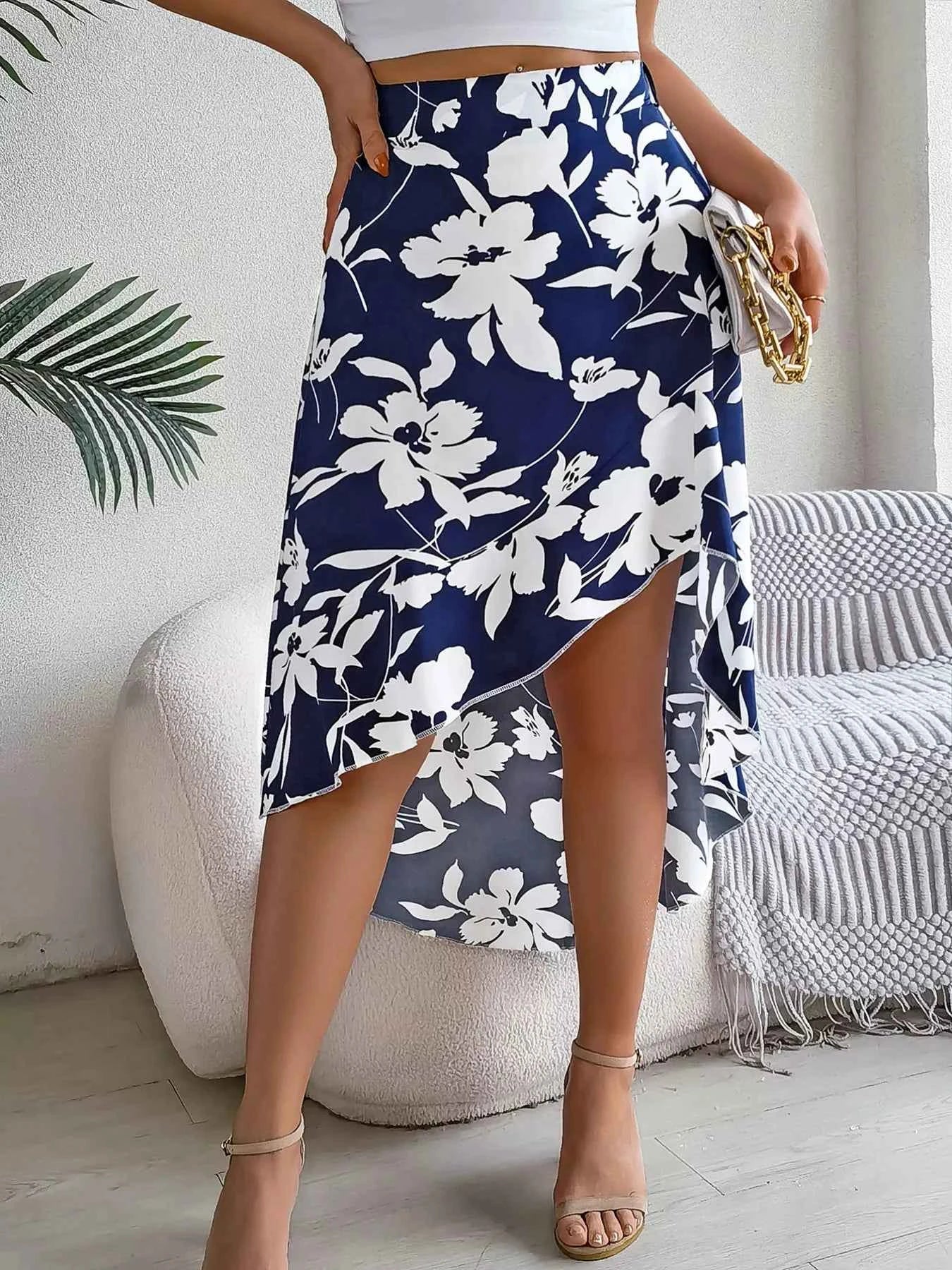 Floral Print Ruffle Hem Asymmetrical Skirt