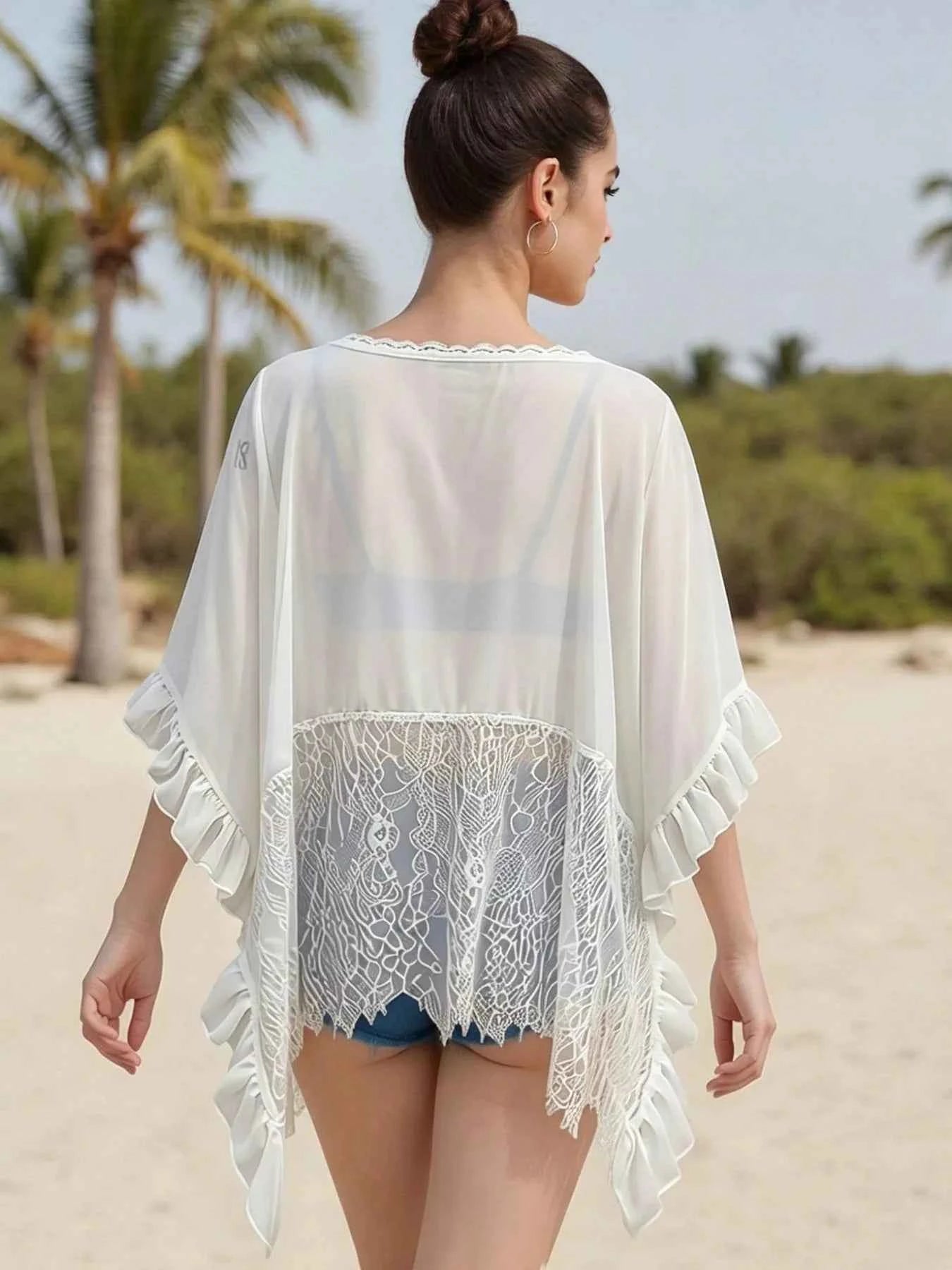 Women's Sheer Lace Trim Ruffle Flowy Short Sleeve Cover-Up Black White S-XL