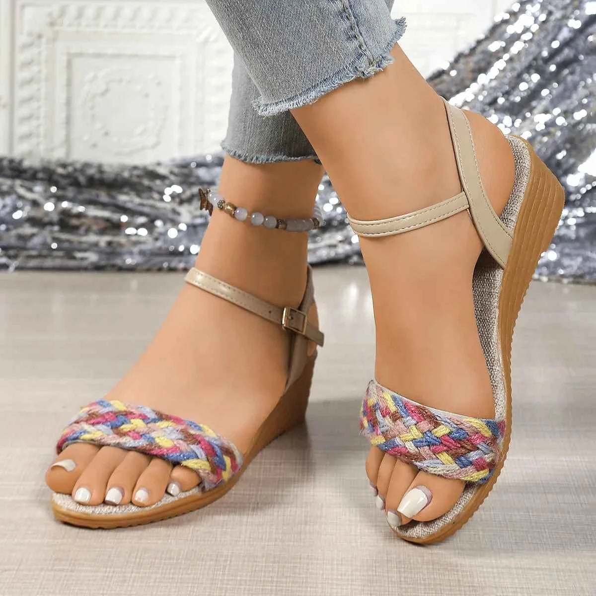 Women's Ankle Strap Low Wedge Sandals Open Toe Boho Multi US 5-11