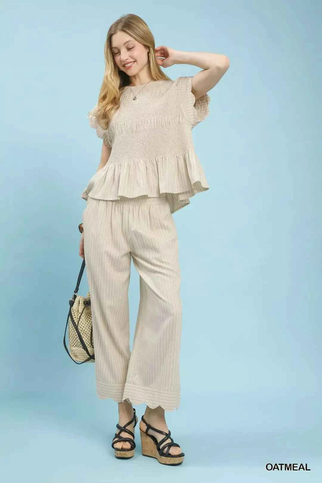 Women's Umgee Pinstripe Smocked Peplum Top Ruffle Cap Sleeve Oatmeal S-L