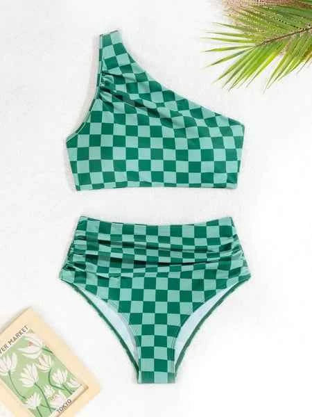 Women's Single Shoulder Two-Tone Grid Bikini Set Two-Piece Quick Dry S-XXL XXL