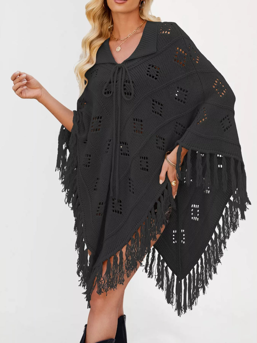 Women's Fringe Tassel Tie Openwork Knit Boho Beach Cover Up Multi Colors S-XL