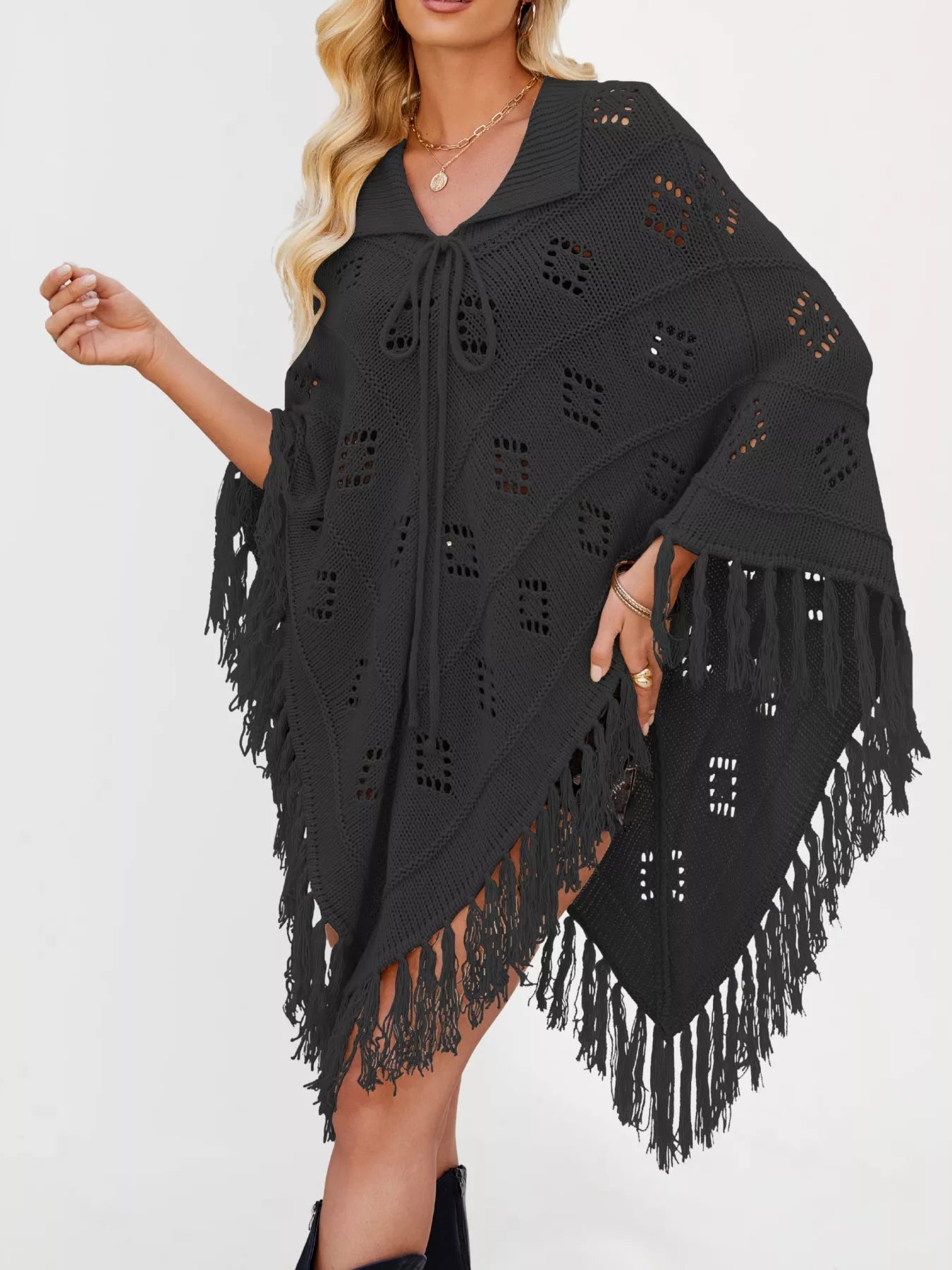 Women's Fringe Tassel Tie Openwork Knit Boho Beach Cover Up Multi Colors S-XL