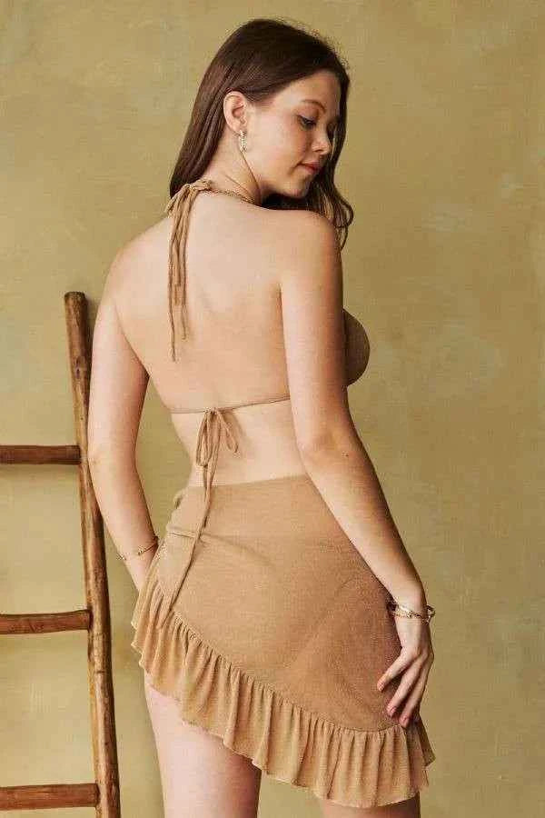 Women's 3-Piece Halter Bikini Set Ruffle Skirt Metallic Shimmer Taupe S-L