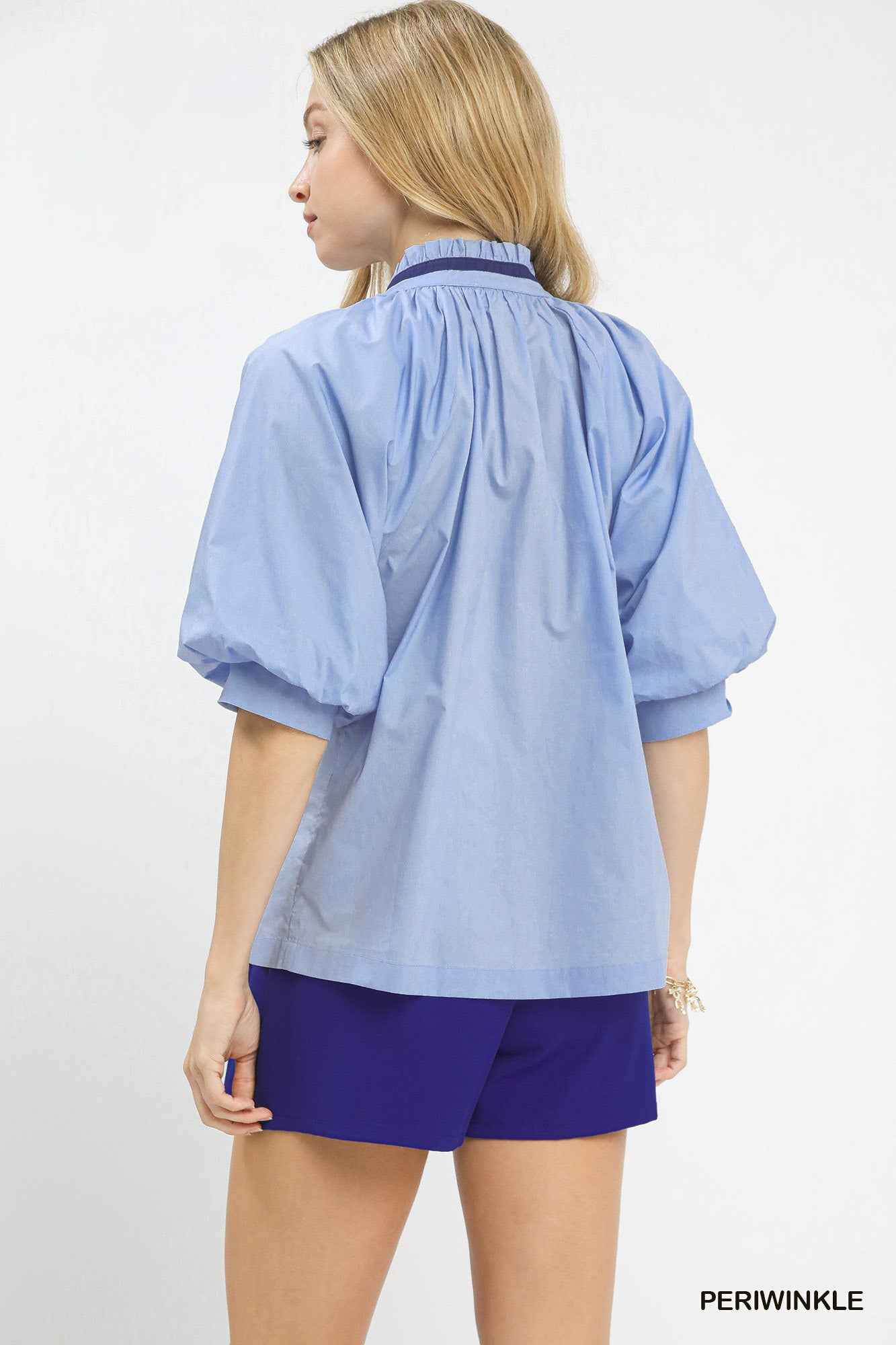 Umgee Women's Embroidered Floral V-Neck Blouse Puff Sleeve Periwinkle S-L