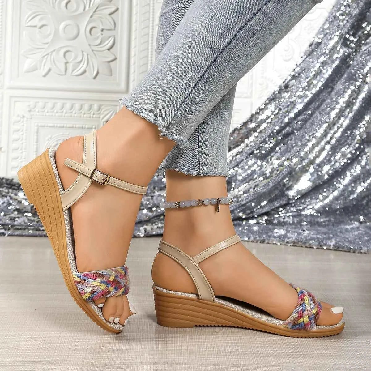 Women's Ankle Strap Low Wedge Sandals Open Toe Boho Multi US 5-11