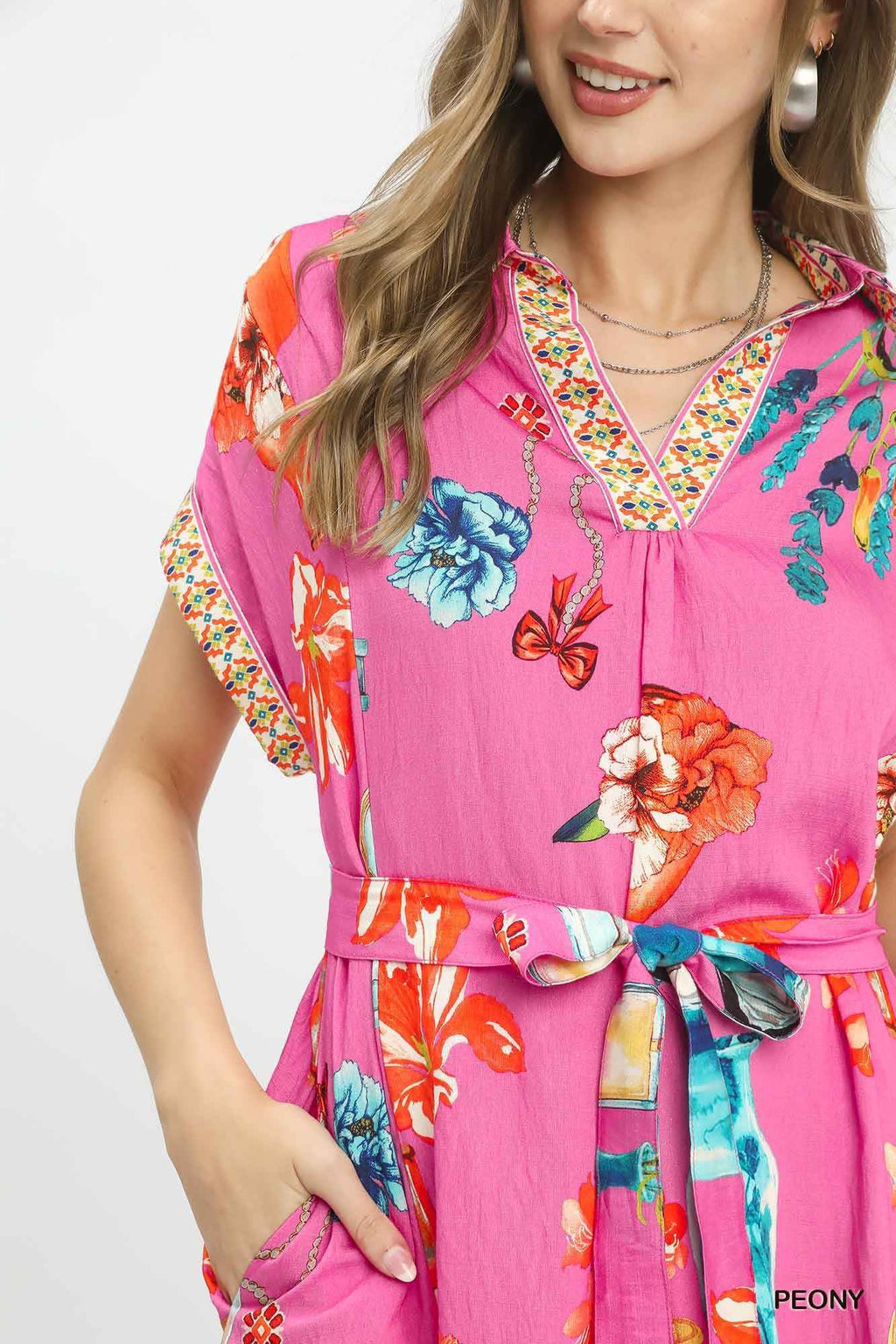 Umgee Women's Floral Print Belted Mini Dress Pockets Boho Beach Peony Pink S