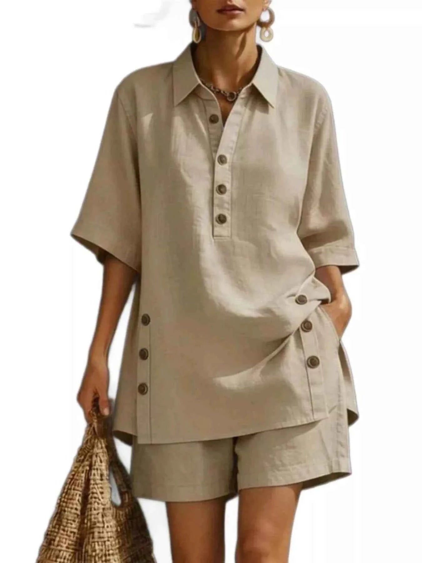 Women's Linen Button-Down Shirt & Shorts Two-Piece Set Plus Size Multi S-4XL Khaki