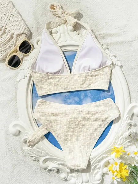 Women's' White Split Beach Bikini Swimwear With Shell Embellishment, Elegant And Sexy