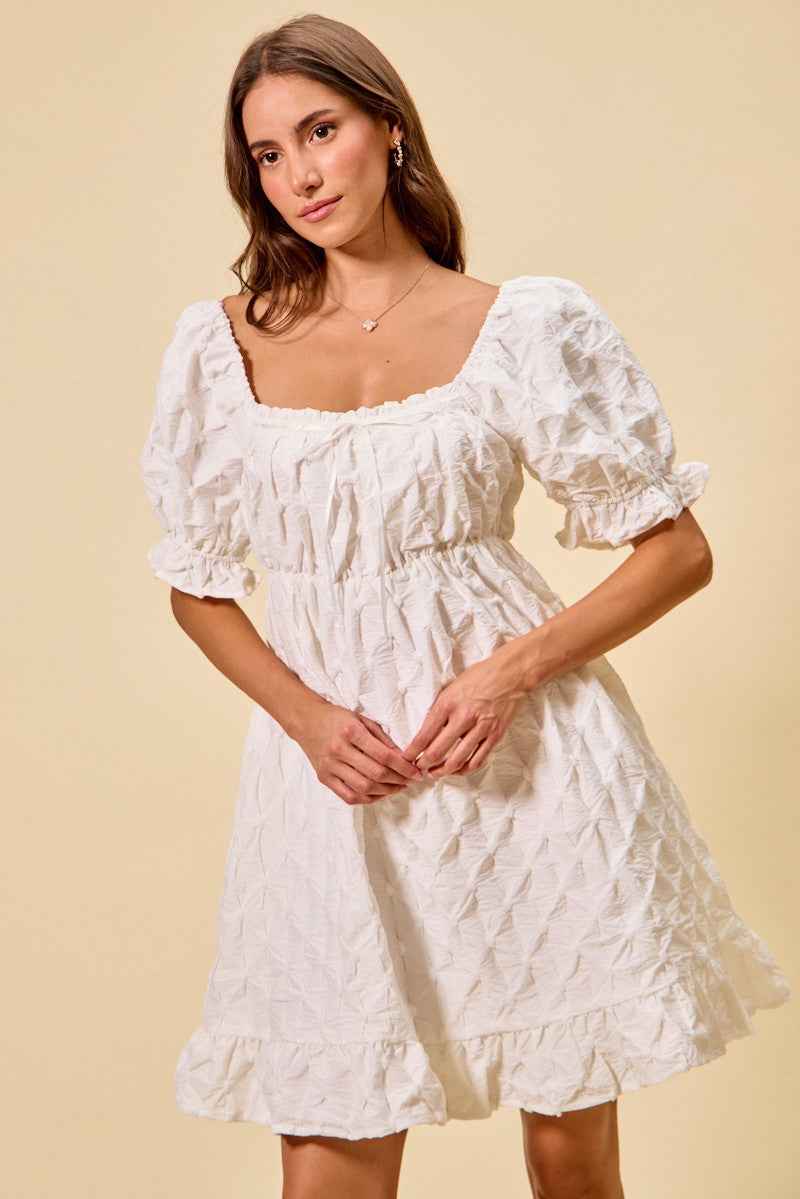 Women's SO ME Woven Ruched Bust Mini Dress Smocked Ruffle Off White S-XL