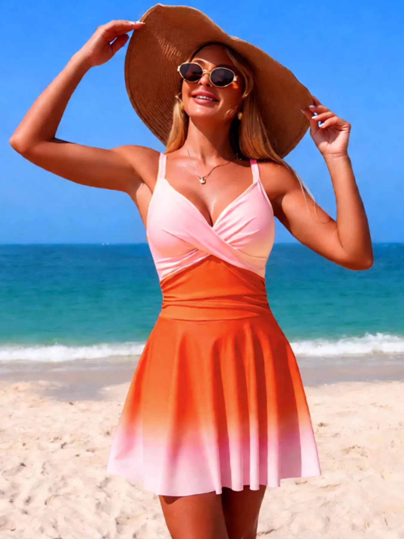 Women's V-Neck Gradient One-Piece Swimsuit – 4 Colors, S–2XL Orange One-Pieces-Swimwear