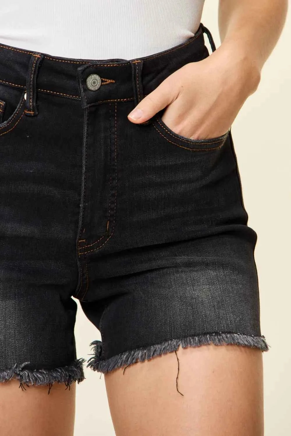 Judy Blue Women's Tummy Control Fray Hem Shorts Pockets Black S-4XL