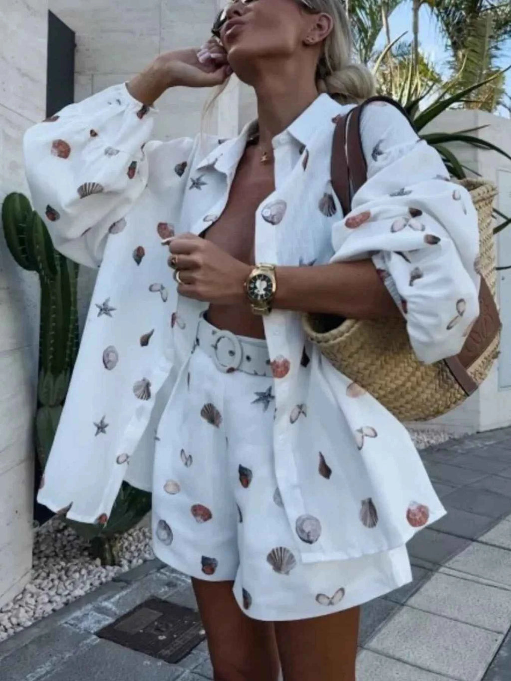 Women's Shell Print Long Sleeve Shirt Belt Shorts Two-Piece Set Beach White S-2XL