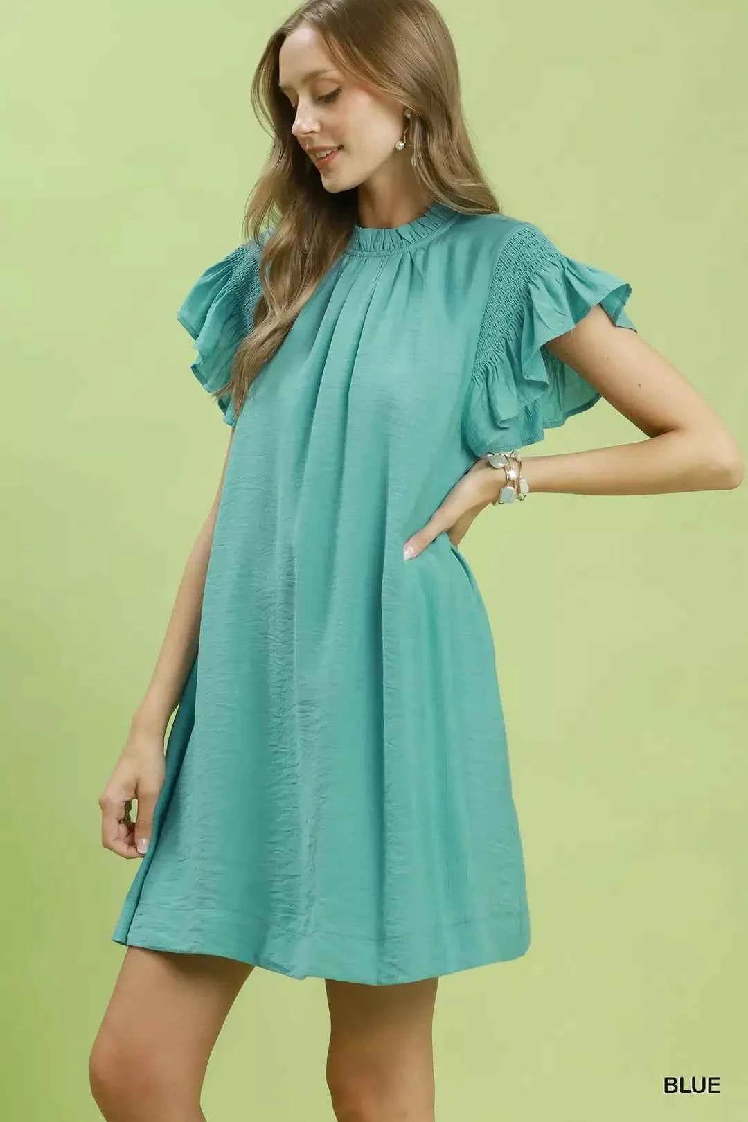 Umgee Women's Smocked Ruffle Flutter Sleeve A-Line Dress Pockets Mint S-L