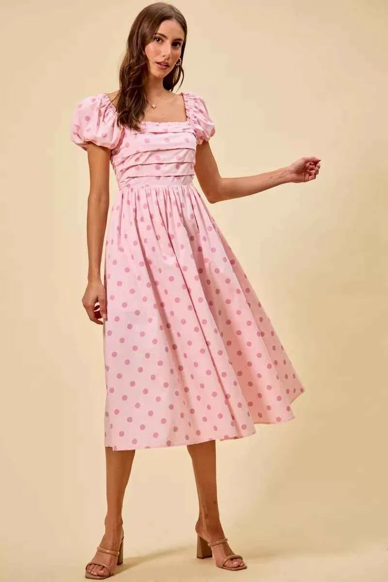 Women's Polka Dot Cotton Midi Dress Short Sleeve Pockets Smocked Pink S-XL