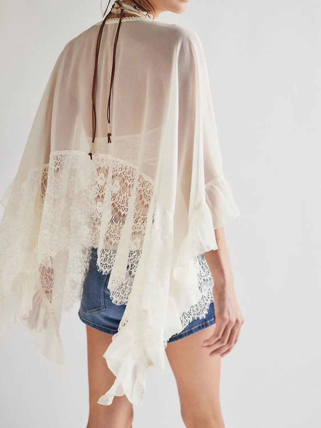 Women's Lace V-Neck Ruffle Long Sleeve Cover-Up 3 Colors S-XL