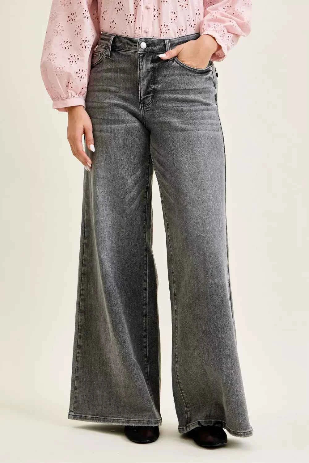 Women's Judy Blue Mid Rise Palazzo Wide Leg Pants Split Yoke Grey 0-15