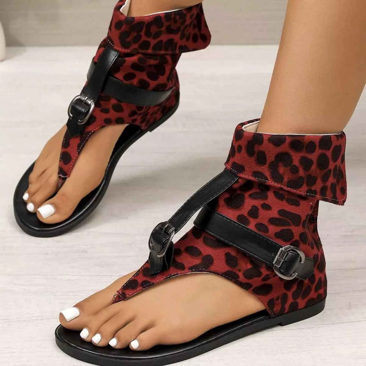 Women's Leopard Print Toe Post Low Heel Sandals Off-White US 5-11 Red