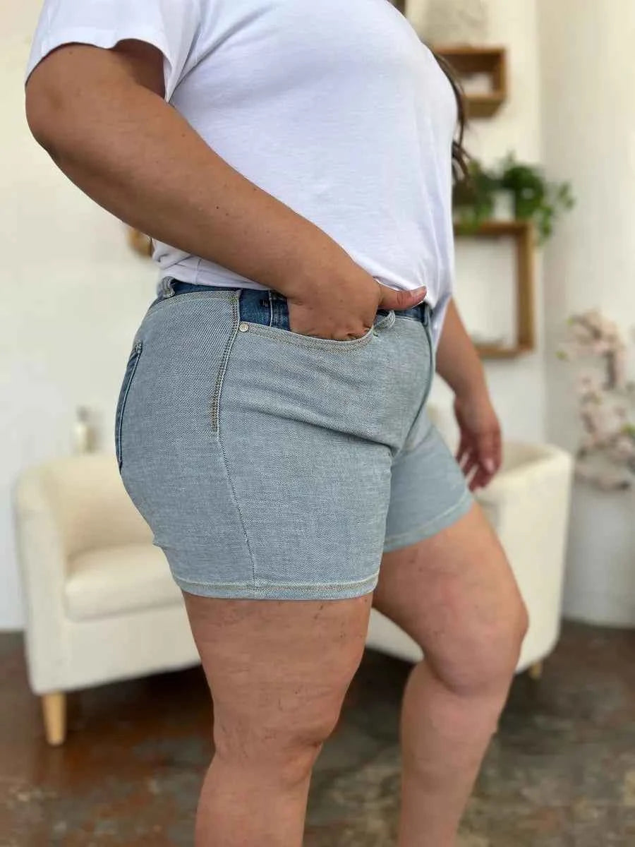 Women's Judy Blue Color Block Denim Shorts Pockets Light Medium Wash S-3XL