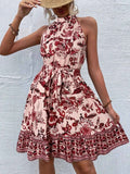 Women's Floral Halter Neck Midi Dress Belt Tie Boho Beach Resort Multi Colors S-XXL Red Flower