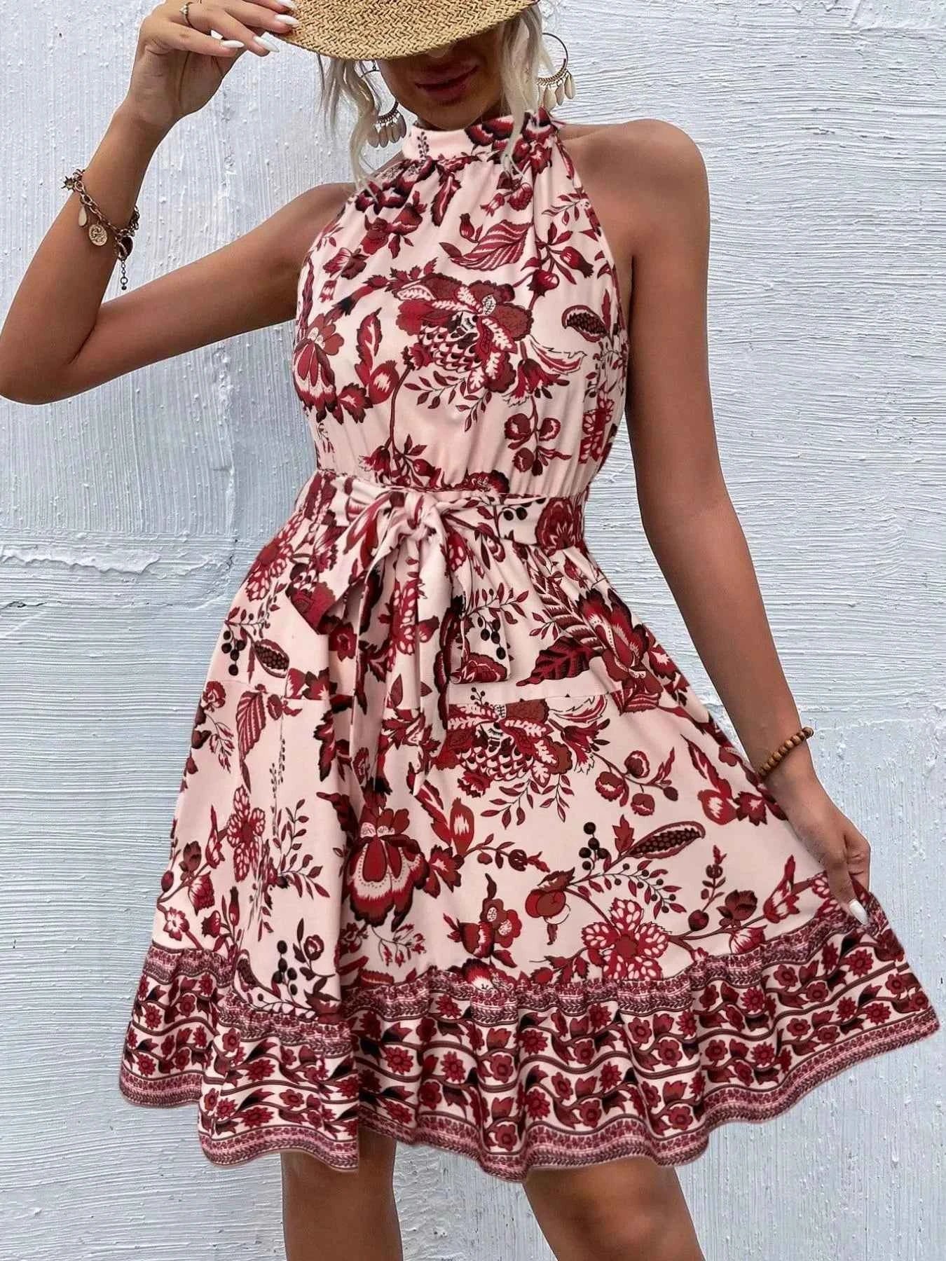 Women's Floral Halter Neck Midi Dress Belt Tie Boho Beach Resort Multi Colors S-XXL Red Flower