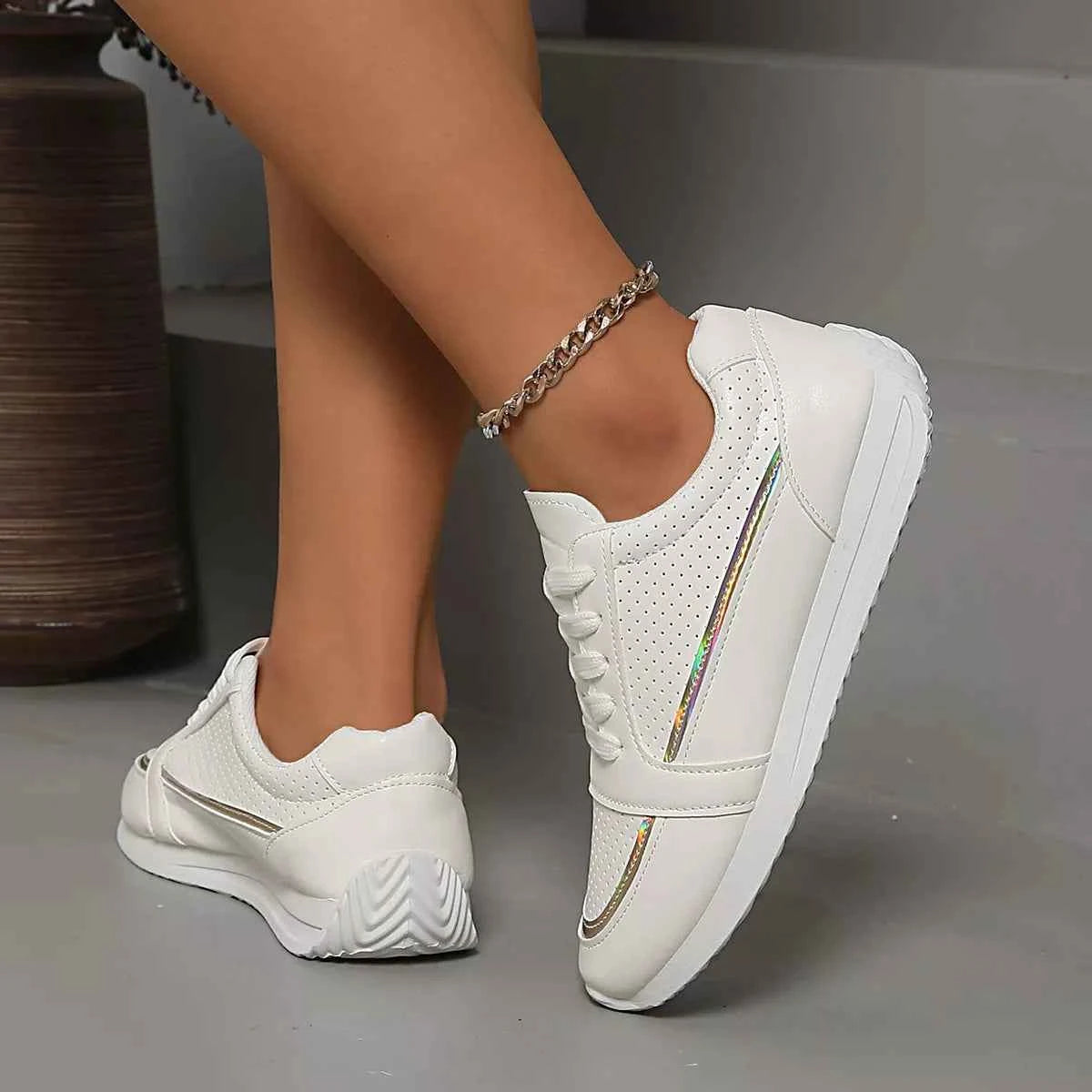 Women's Round Toe Lace-Up Casual Sneakers Boho Coastal Gold Green US 5-11