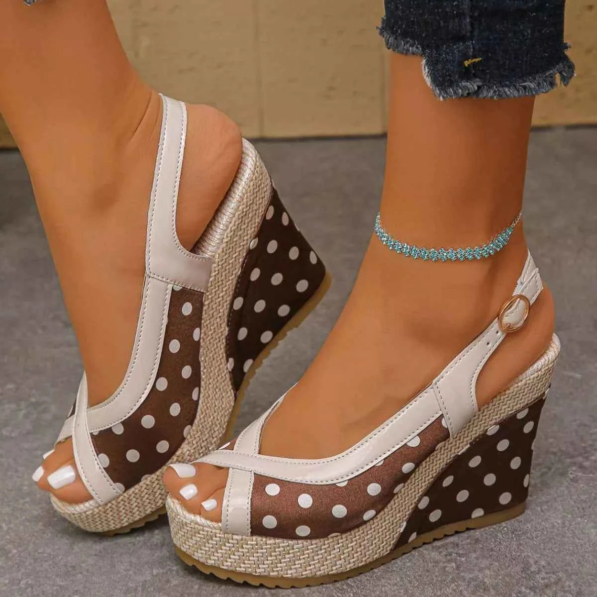 Women's Polka Dot Peep Toe Wedge High Heel Sandals Coffee Black Red EU 36-43