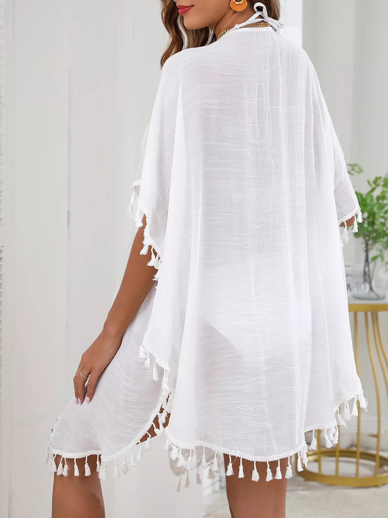 Women's Tassel Trim Tie Front Flowy Boho Beach Cover-Up Top White One Size