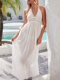 Women's Crochet Halter Neck Maxi Cover-Up Dress Beach White S-L White