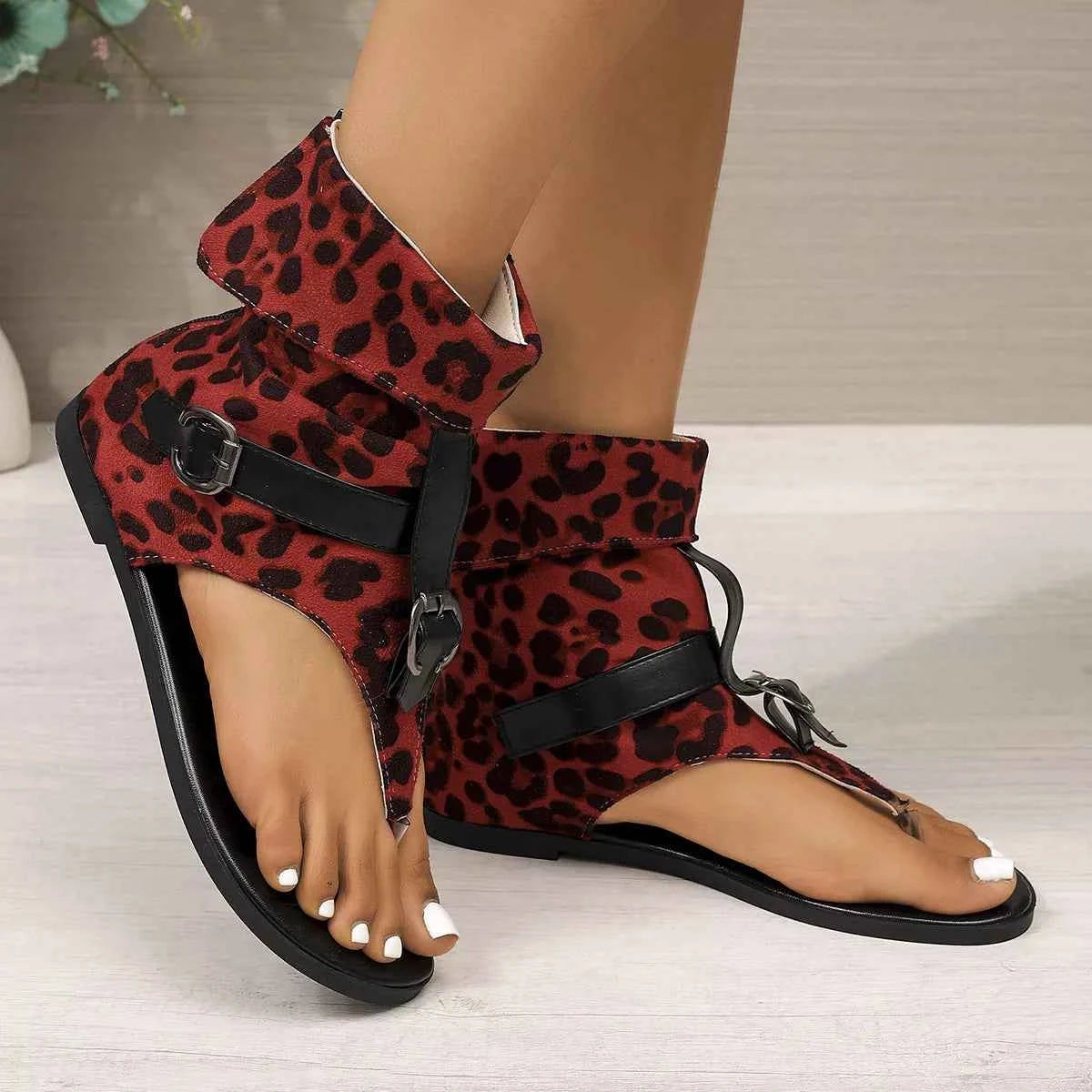 Women's Leopard Print Toe Post Low Heel Sandals Off-White US 5-11