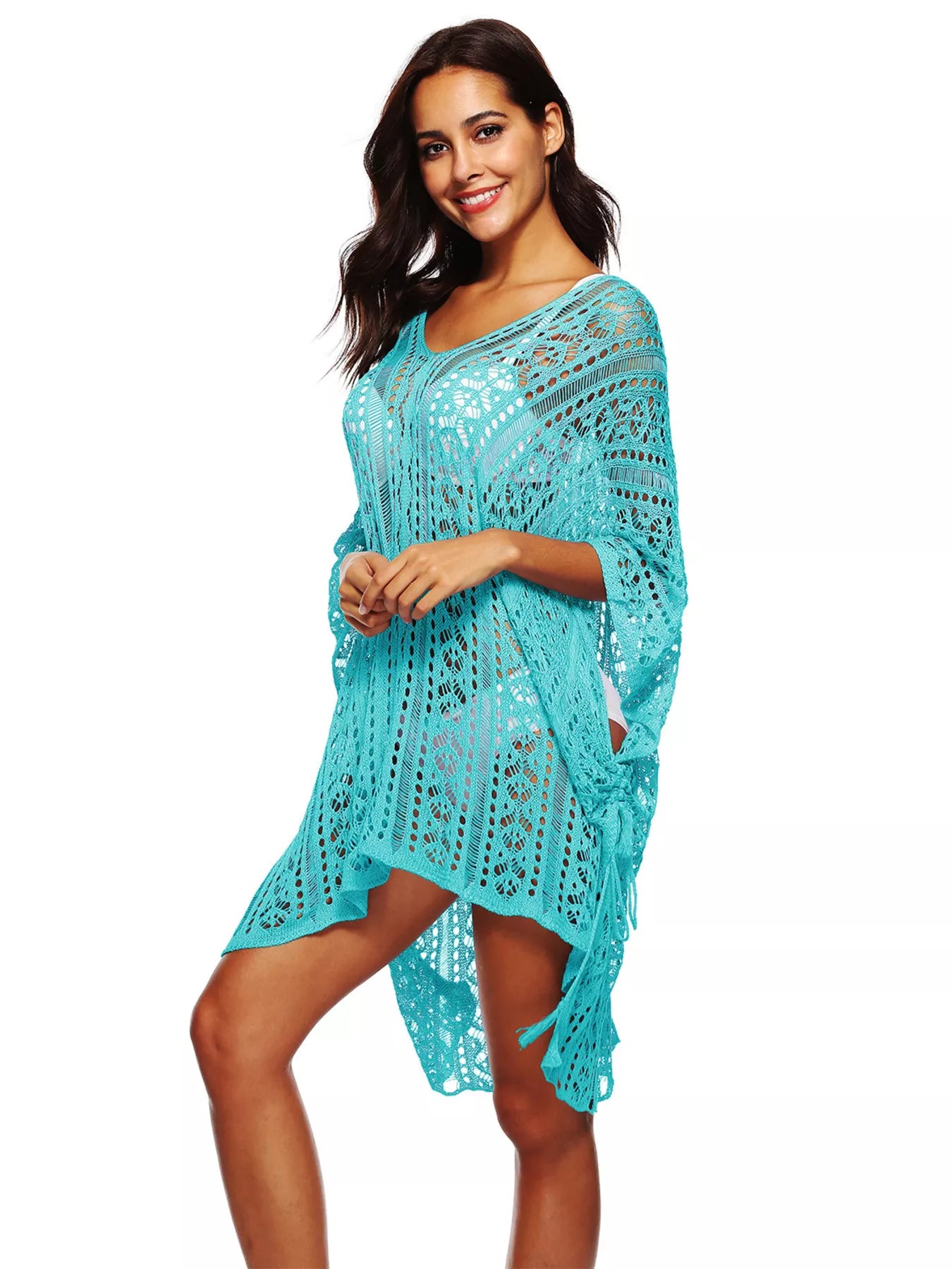 Women's Crochet Knit V-Neck Slit Cutout Beach Cover-Up Multi Colors One Size Pastel Blue One Size