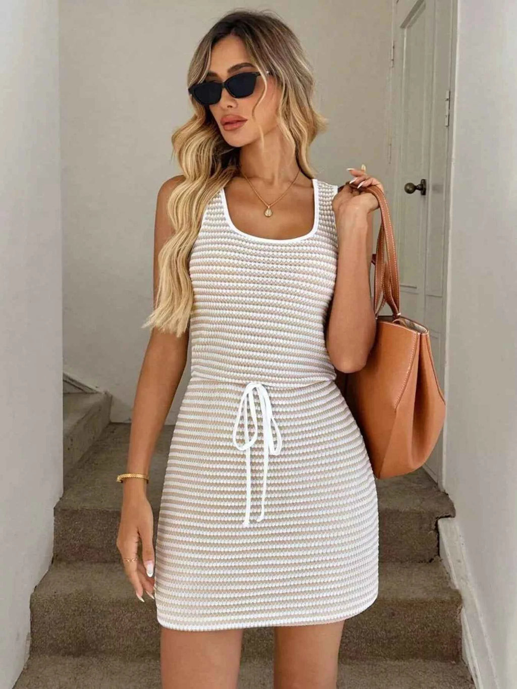 Striped Knitted Mini Dress with Drawstring