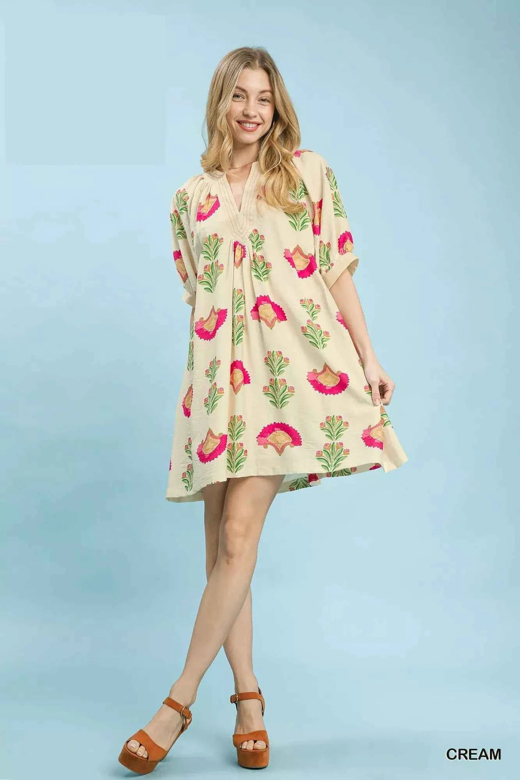 Umgee Women's Abstract Print Mini Dress Effortless Boho Style Cream S-L