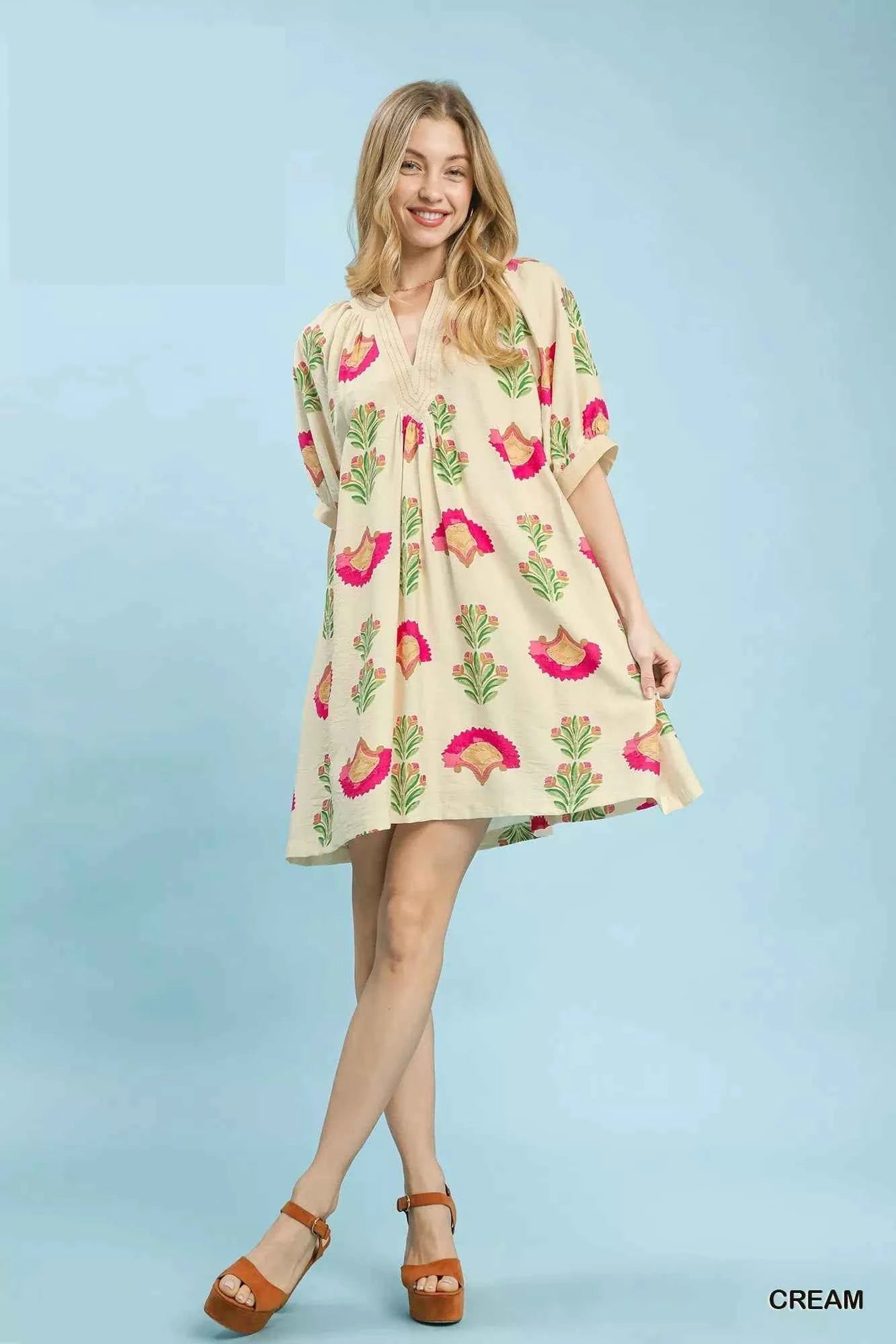 Umgee Women's Abstract Print Mini Dress Effortless Boho Style Cream S-L