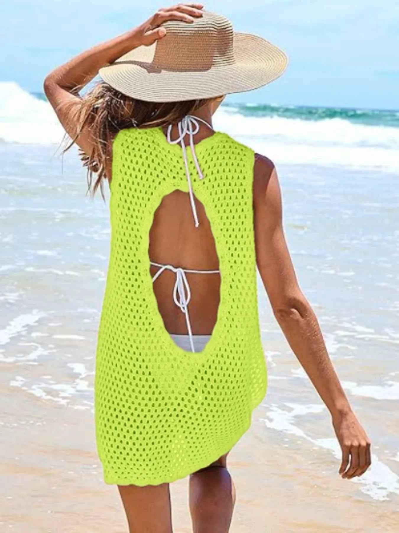 Women's Color Block Openwork Sleeveless Cutout Back Cover-Up S-2XL Lime