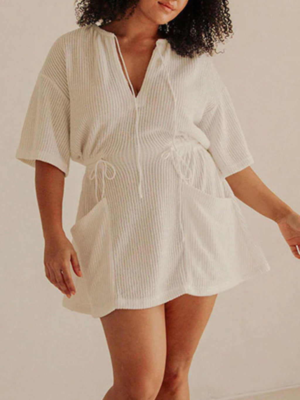 Women's Relaxed Fit Cover-Up Dress – Half Sleeve Beach Coverup, White