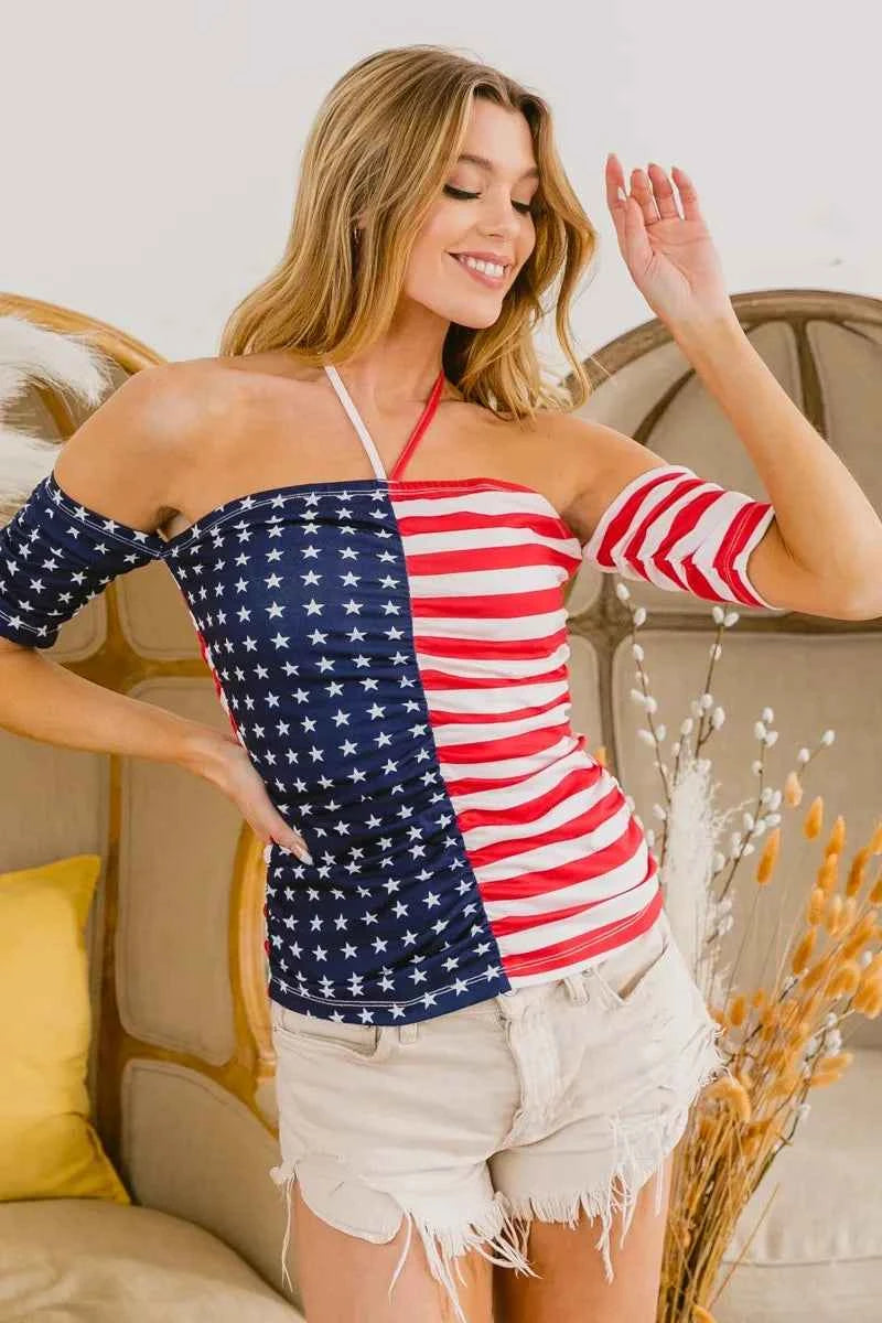 BiBi Women's Patriotic American Flag Off Shoulder Ruched Tied Cutout Top Red S-L