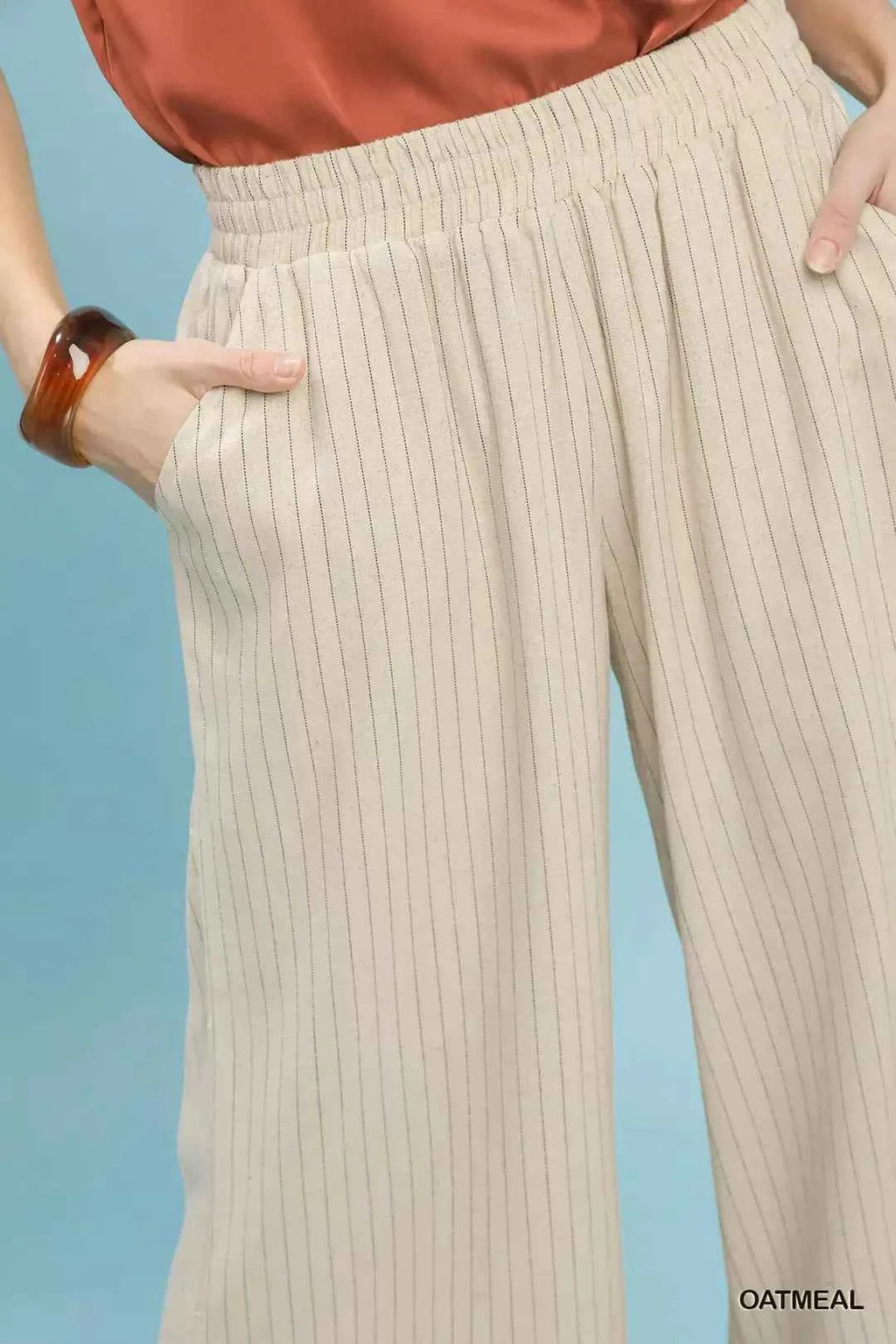 Women's Umgee Pinstripe Wide Leg Linen Pants Scalloped Hem Oatmeal S-L