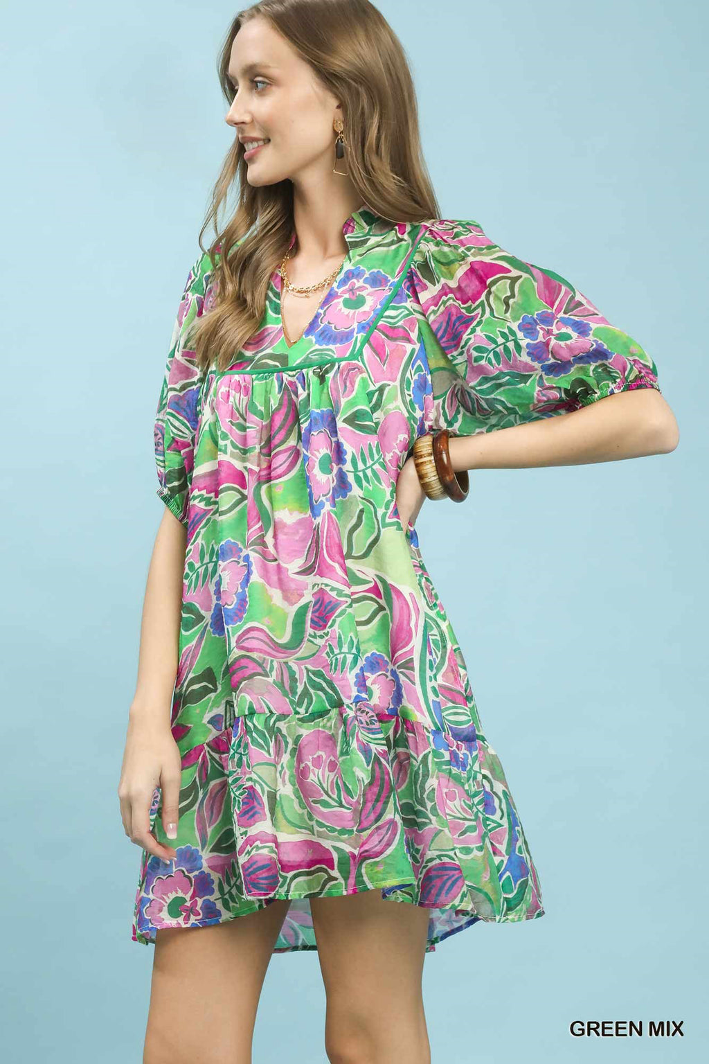 Women's Abstract Print Baby Doll Dress V-Neck Puff Sleeve Green Mix S