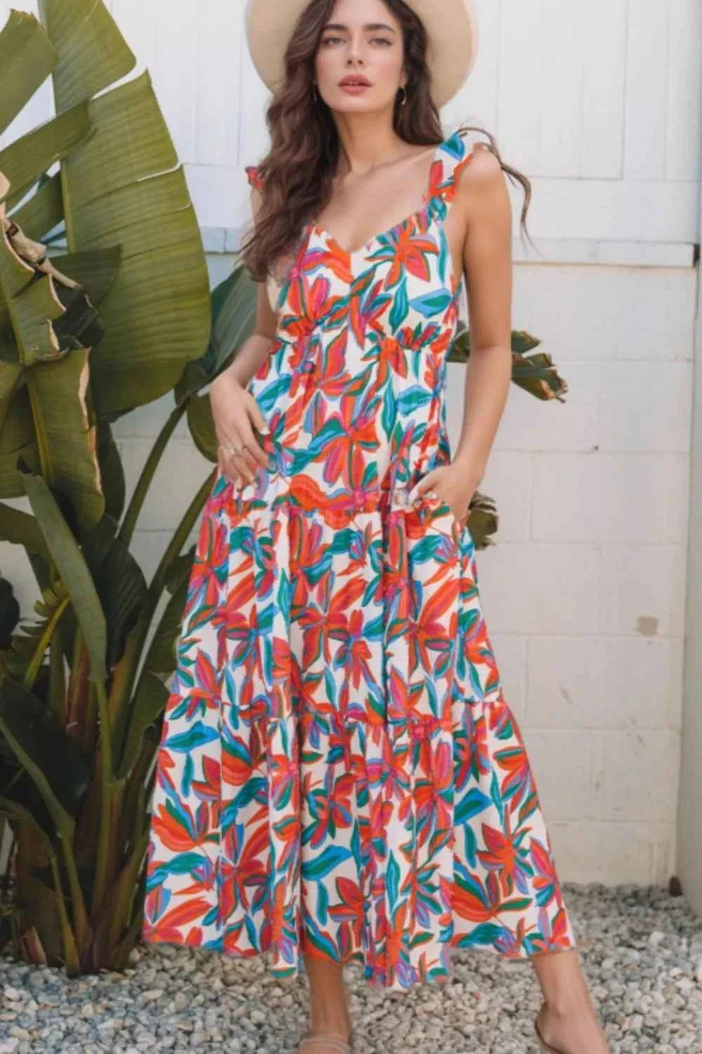 Floral Ruffled Strap V Neck Maxi Dress