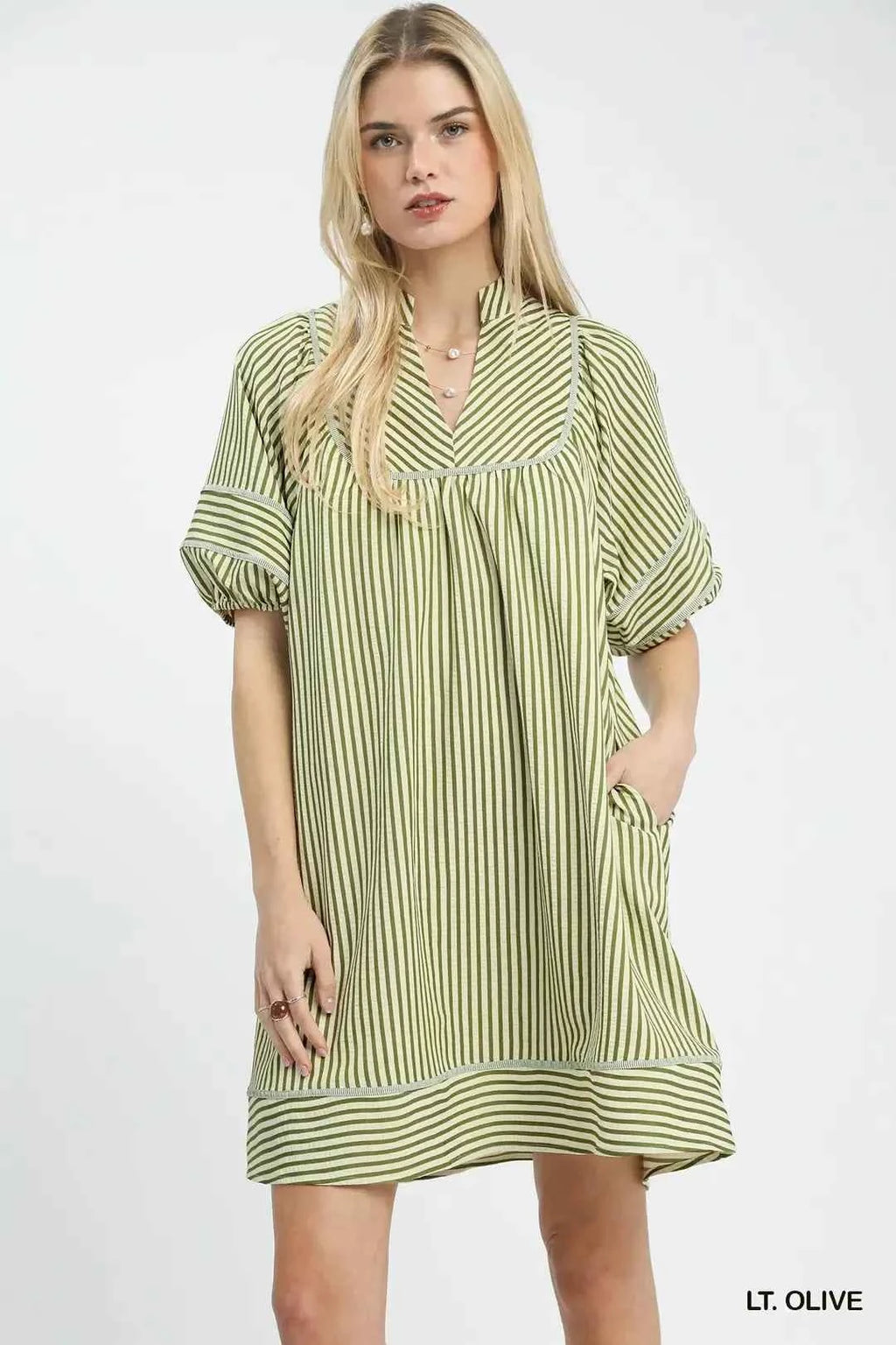 Women's Umgee Striped Puff Sleeve Shift Dress Lined Pockets Lt Olive S-L LT. OLIVE